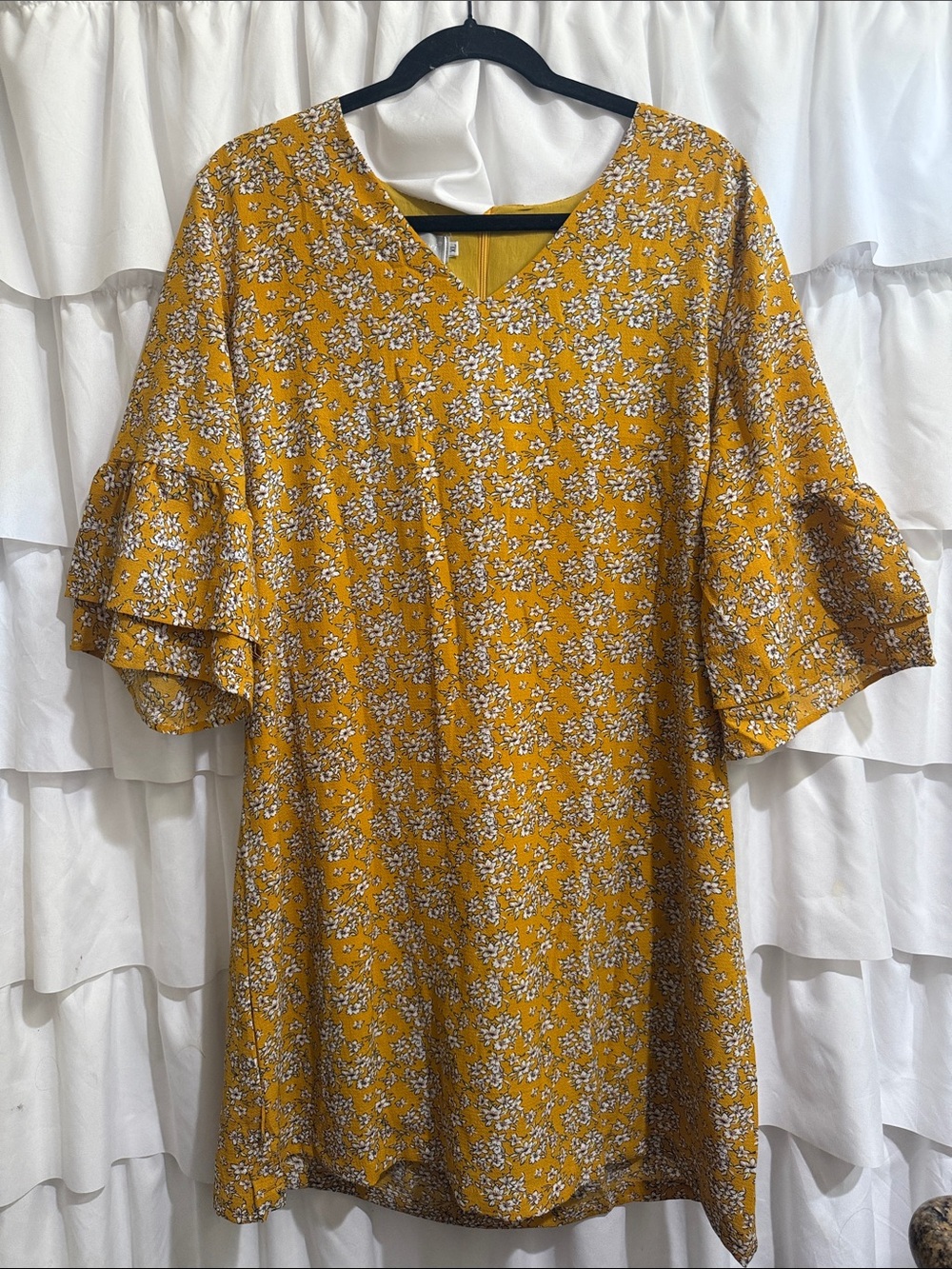 Mustard Floral V-Neck Ruffle Sleeve Dress